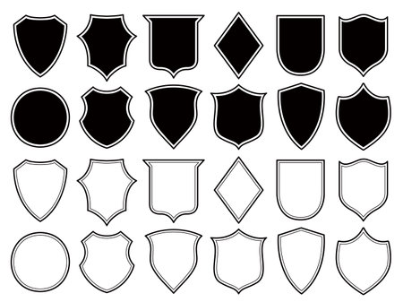 Set of Badge templates in vintage style. Black patch silhouettes. Police badge, shield, labels. Isolated on white backgroundのイラスト素材