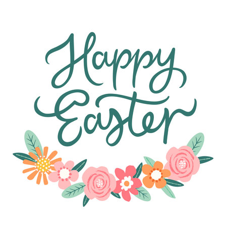 Happy Easter typography. Hand drawn happy easter text lettering. Background with flowers wreath. Calligraphy Greetingのイラスト素材