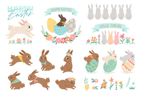 Set of easter elements. Bunny, flower, eggs cute graphic. Easter egg hunt cartoon clip art. Easter rabbit collection for greeting card & fashion print.のイラスト素材