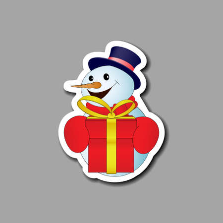 Card with positive cartoon snowman with red gift box on gray background. Vector illustrationのイラスト素材