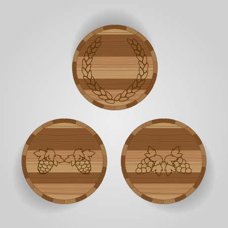 Brown Wooden barrel for whiskey, wine, beer on gray background. The view from the top. With symbols. Vector illustrationのイラスト素材