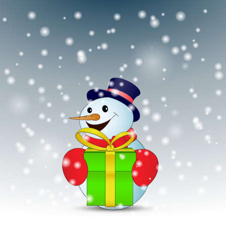 Positive cartoon snowman with green gift box with snow. Vector illustrationのイラスト素材