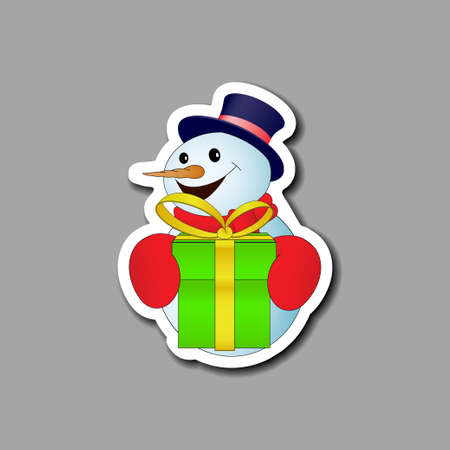Card with positive cartoon snowman with green gift box on gray background. Vector illustrationのイラスト素材