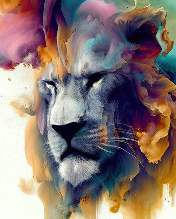 Lion head with colorful abstract paint splashes. Colorful backgroundの素材