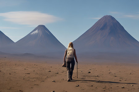 Lonely woman walking in the middle of the desert with mountains in the backgroundの素材