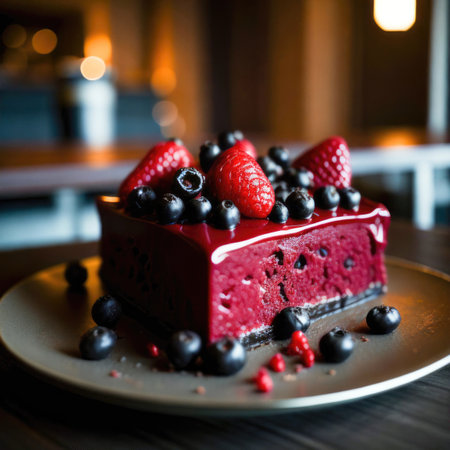 Cake with fresh berries on a wooden table. Selective focus.の素材