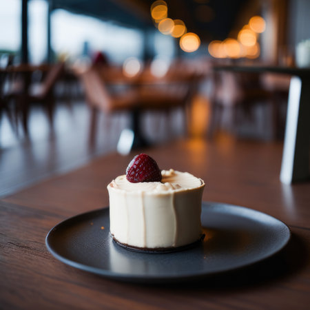 Panna cotta with strawberry on a black plate in a cafeの素材