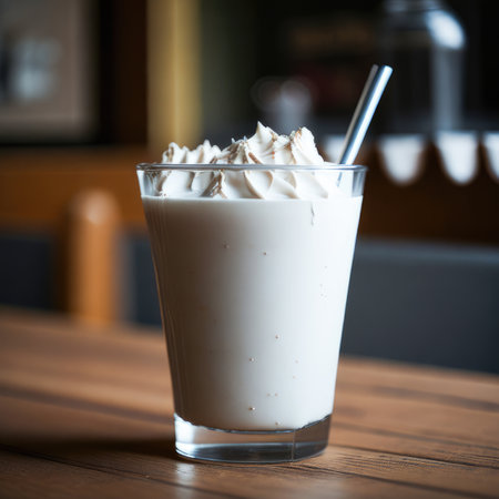 Milkshake with whipped cream in a glass on a wooden tableの素材