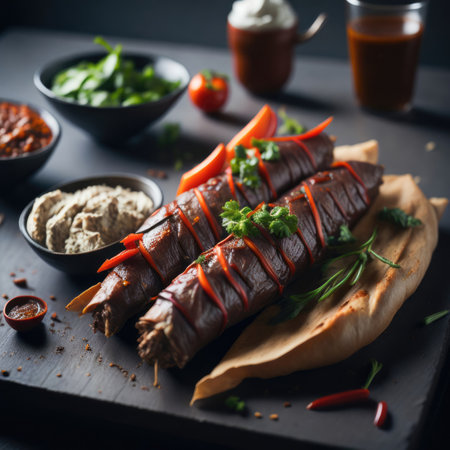 Beef rolls with paprika and herbs on a black background.の素材