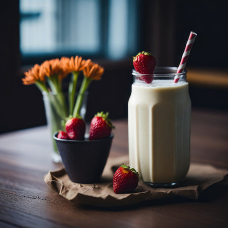 Strawberry milkshake in a glass and fresh strawberries on wooden tableの素材