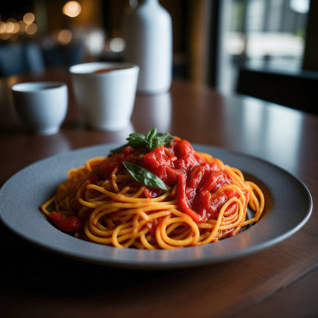 Spaghetti with tomato sauce and basil on a black plate in a restaurantの素材