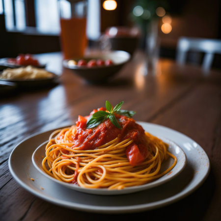 Spaghetti bolognese with tomato sauce and basil on wooden tableの素材