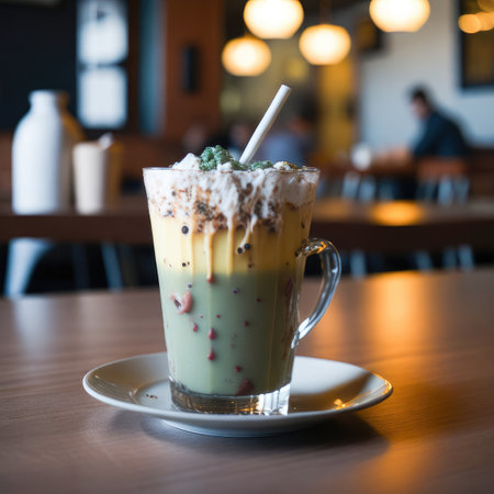 Iced green tea latte with whipped cream in coffee shop.の素材