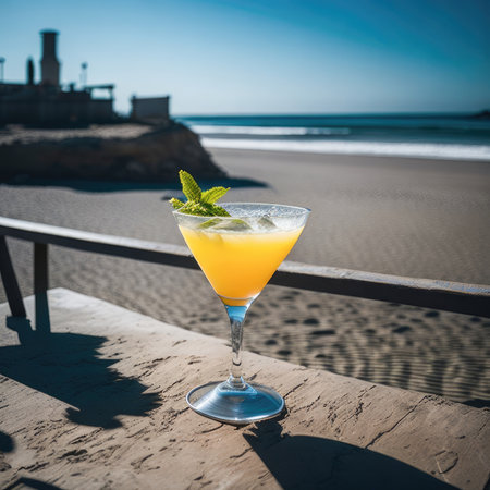 Cocktail on the beach. Cocktail with orange juice and mintの素材