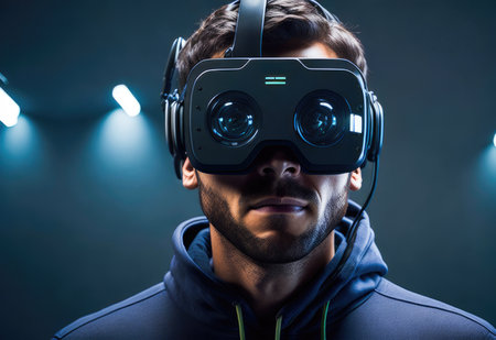 Portrait of a man wearing virtual reality headset on dark background.の素材