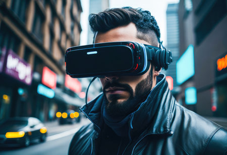 Young man wearing virtual reality goggles in a city street - Technology conceptの素材