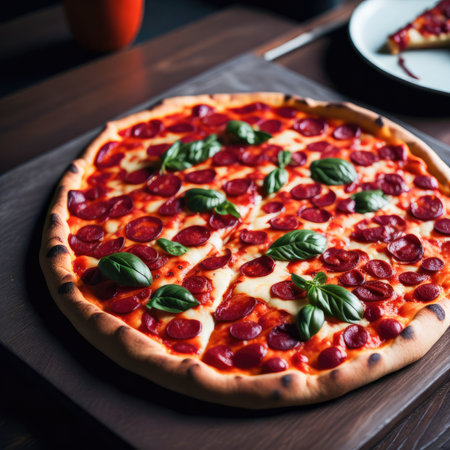 Pizza with salami, mozzarella and basil on wooden tableの素材