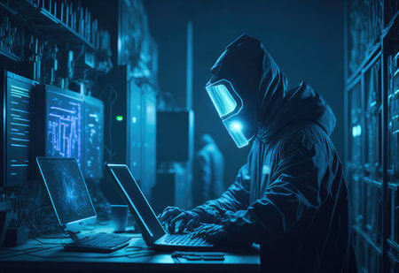 Hacker in mask and hood using computer in server room. Hacking concept.の素材