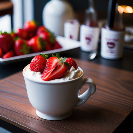 Cup of coffee with whipped cream and fresh strawberries on wooden tableの素材