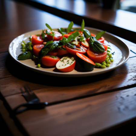 salad with tomatoes, pea and basil on a wooden tableの素材