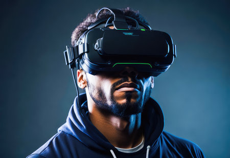 African american man wearing virtual reality goggles. Studio shot on dark background.の素材