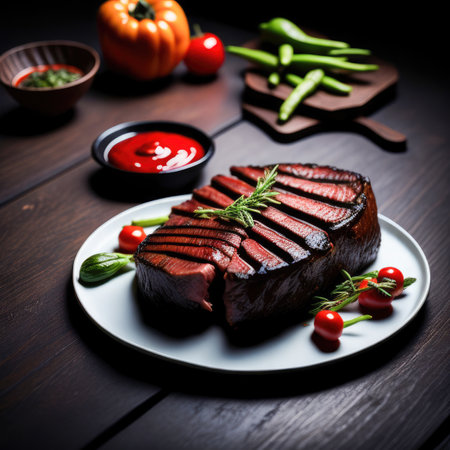 grilled beef steak with vegetables on a wooden background. tinting. selective focusの素材