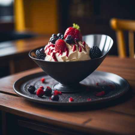 Vanilla ice cream with berries in a bowl on a wooden tableの素材