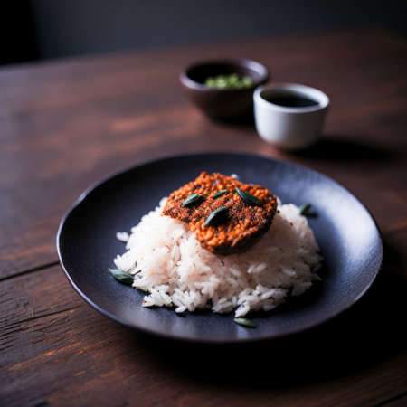 Rice and fish in a plate on a wooden background. Selective focusの素材