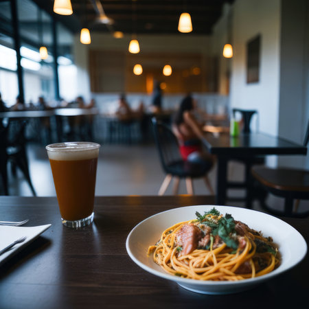 Spaghetti with pork on the table in a restaurant. Selective focus.の素材