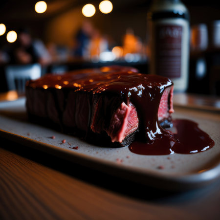 Chocolate cake on a plate in a restaurant. Selective focus.の素材