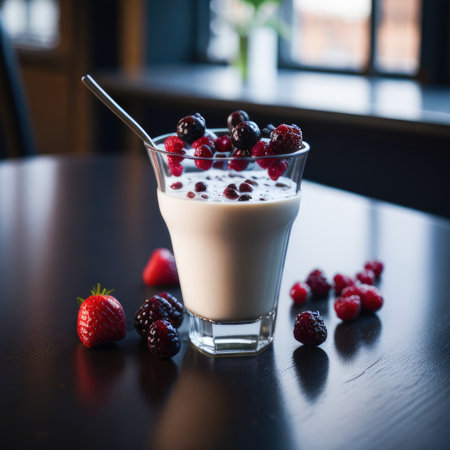 Yogurt with fresh berries in a glass on a wooden tableの素材