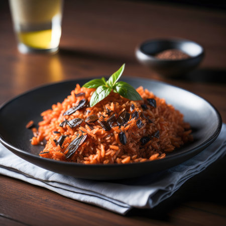 Rice with raisins in a plate on a wooden tableの素材