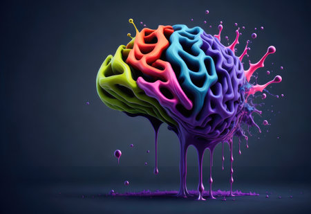 3d rendering of colorful paint splashes in shape of human brainの素材