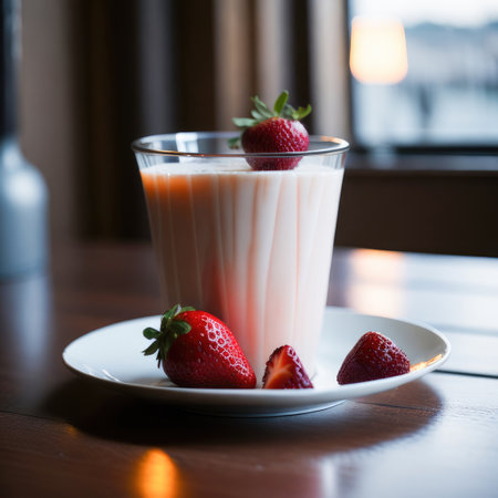 Strawberry yoghurt in a glass with fresh strawberries.の素材