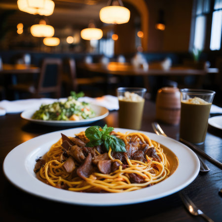 Spaghetti with beef and tomato sauce in a restaurant, selective focusの素材