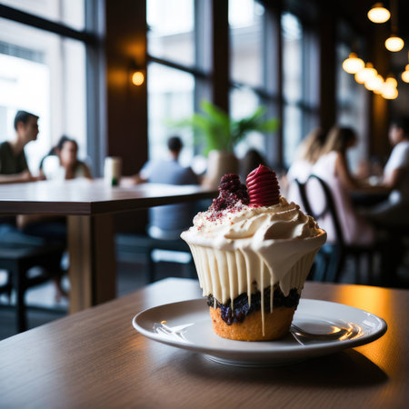 Cupcake with whipped cream and raspberries on wooden tableの素材