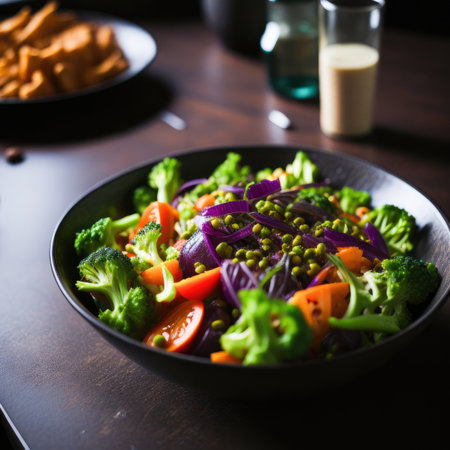 Fresh vegetable salad in a bowl on a wooden table. Selective focus.の素材