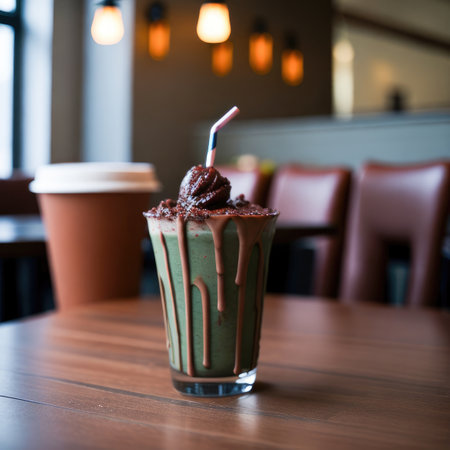 Chocolate smoothie with whipped cream in glass on wooden table.の素材