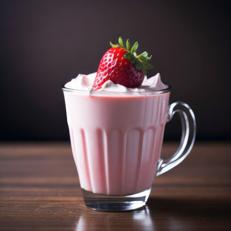 Strawberry milkshake in a glass on a dark backgroundの素材