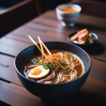 japanese ramen noodle soup with egg on wood tableの素材