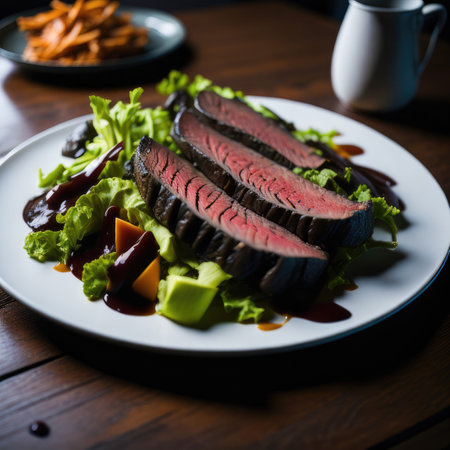 Sliced tuna steak with salad and french fries on wooden tableの素材