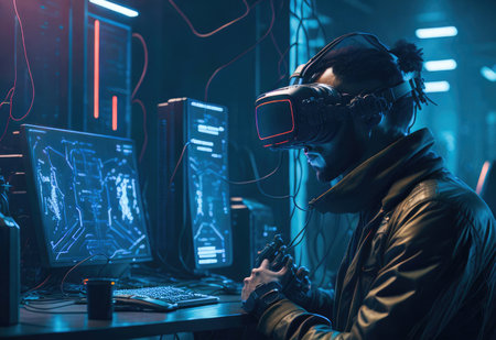 Portrait of young man using virtual reality headset while playing game in server roomの素材