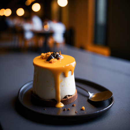 Panna cotta with caramel sauce on a restaurant table. Selective focus.の素材