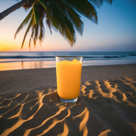 Glass of orange juice on the sandy beach with palm trees at sunsetの素材