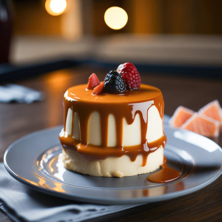 Panna cotta with caramel sauce and berries on a wooden tableの素材