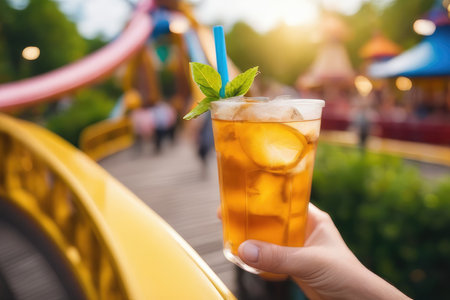 Woman hand holding glass of ice tea with lemon and mint on the background of amusement parkの素材