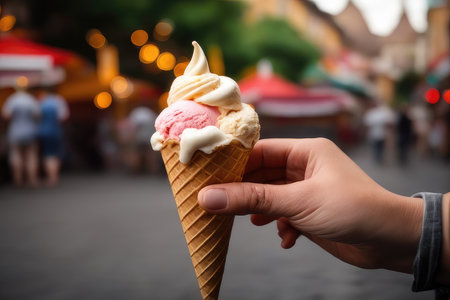 Woman holding tasty ice cream in cone on blurred background, closeupの素材