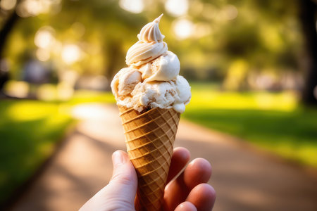 Ice cream cone in female hand on blurred background of green park.の素材