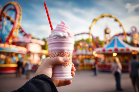 Strawberry milkshake in hand on amusement park background.の素材