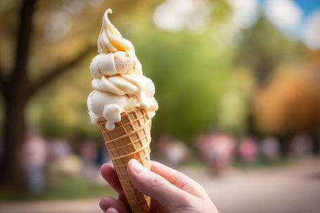 Ice cream cone in hand on the background of the summer park.の素材